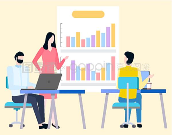 男女經(jīng)紀(jì)人分析交易并討論商業(yè)圖表上的銷售統(tǒng)計(jì)數(shù)據(jù)。矢量卡通人物和圖表。